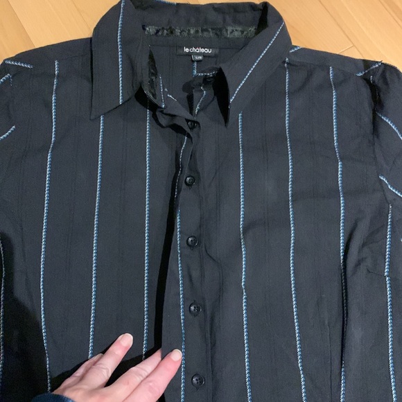 VEUC Le Chateau Button Up Blouse -Black w Blue & Silver Striped Detail - size L - Picture 7 of 14